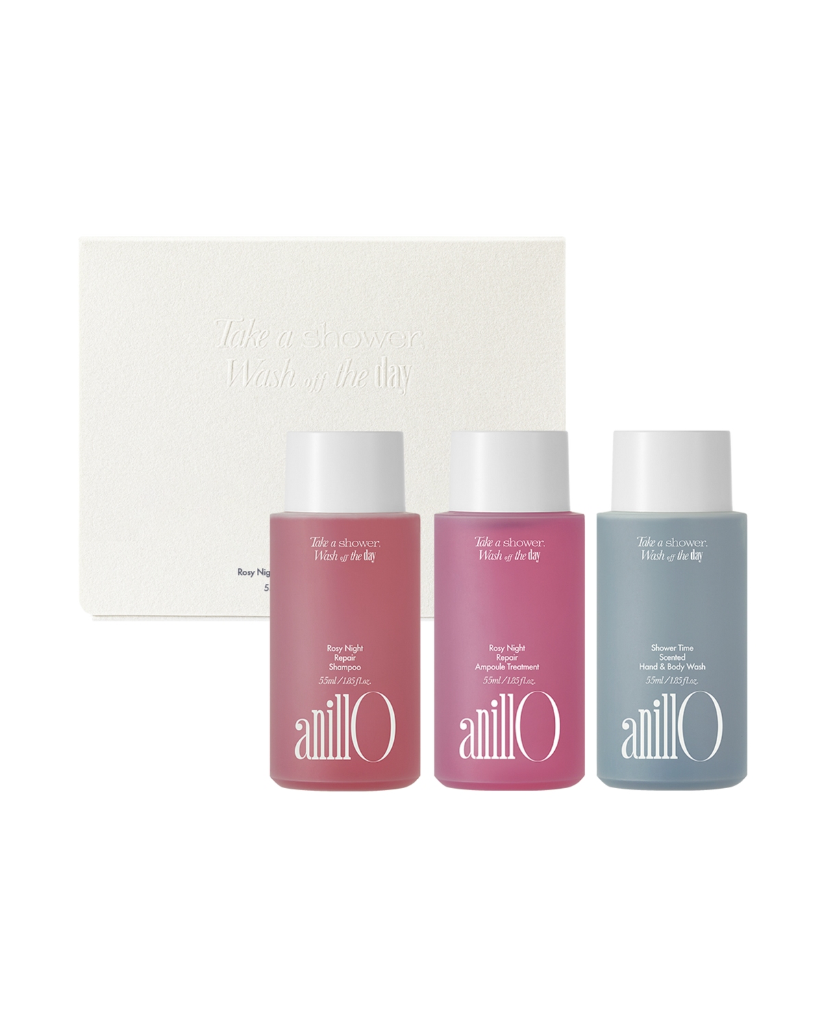 AnillO Rosy Night & Shower Time Travel Shower Kit – kelioninis kūno ir plaukų priežiūros rinkinys