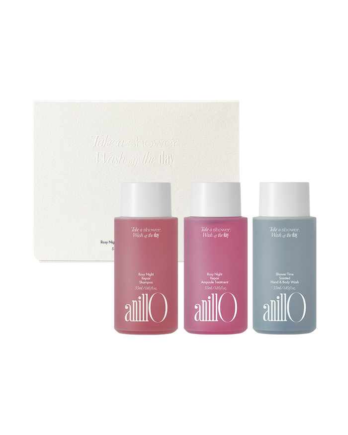 AnillO Rosy Night & Shower Time Travel Shower Kit – kelioninis kūno ir plaukų priežiūros rinkinys