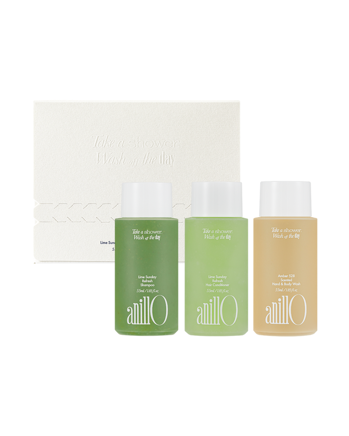 AnillO Lime Sunday & Amber528 Travel Shower Kit – kelioninis plaukų ir kūno priežiūros rinkinys