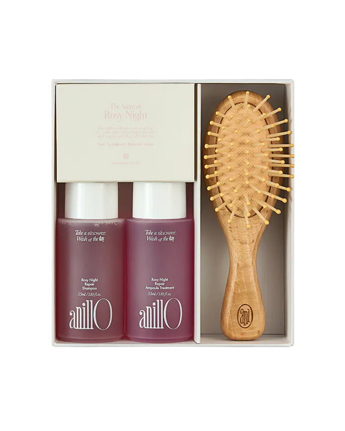 AnillO Rosy Night Repair Hair & Brush Set – plaukų priežiūros rinkinys su šepečiu