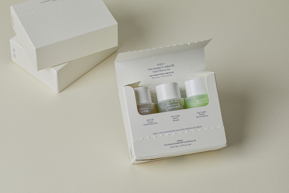 AnillO Lime Sunday & Amber528 Travel Shower Kit – kelioninis plaukų ir kūno priežiūros rinkinys